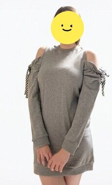 Gray Open-Shoulder Sweatshirt Dress with Gingham Tie Detail